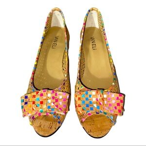 Vaneli Rainbow peep-toe Cork Wedge Sandals 7N